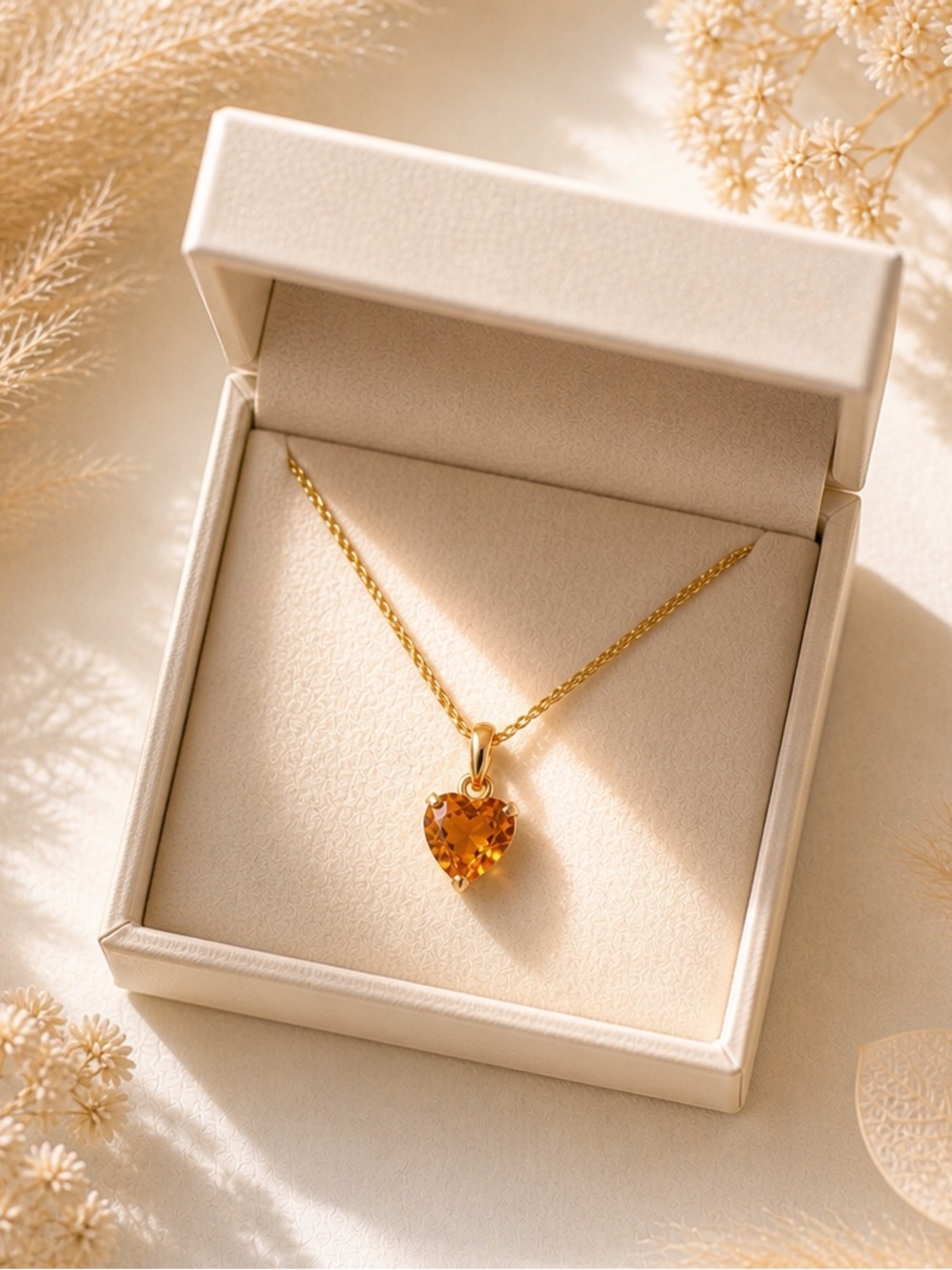 18k Gold 2 carat of natural 5mm Citrine Heart Pendant Necklace